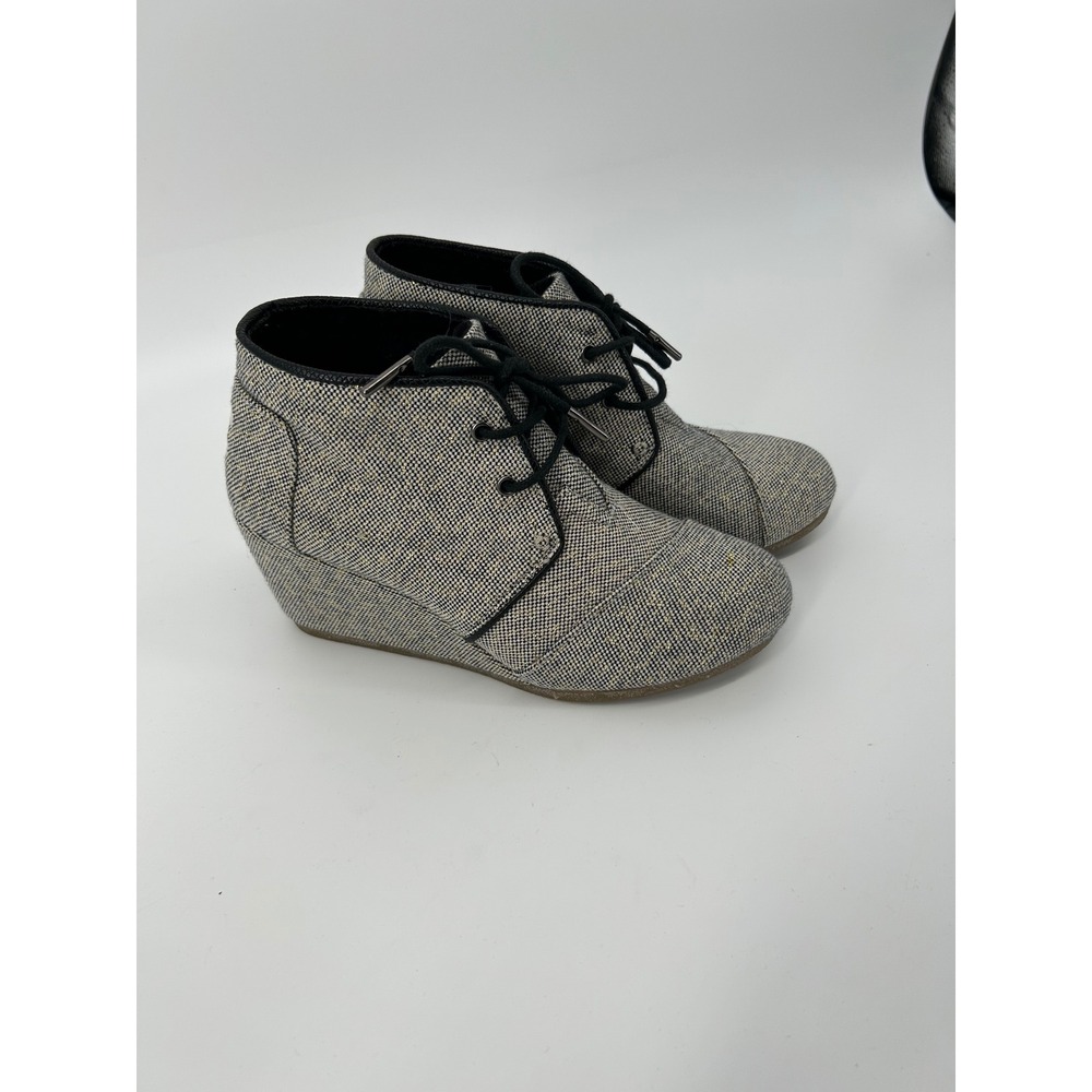 TOMS Desert Wedge Black White Gold Metallic Tweed Lace Up Booties Women 7.5